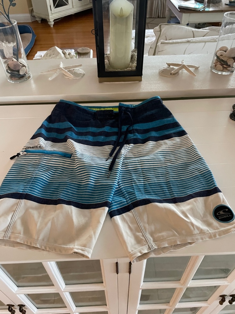 O'Neill Teal, Navy & White Striped Swim Trunks